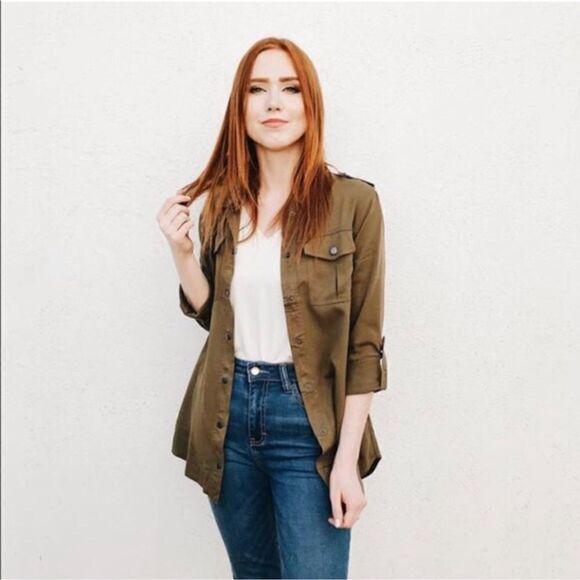 Carly Jean Los Angeles Portland Shirt Jacket Olive Army Green Button Down Medium - Picture 1 of 13